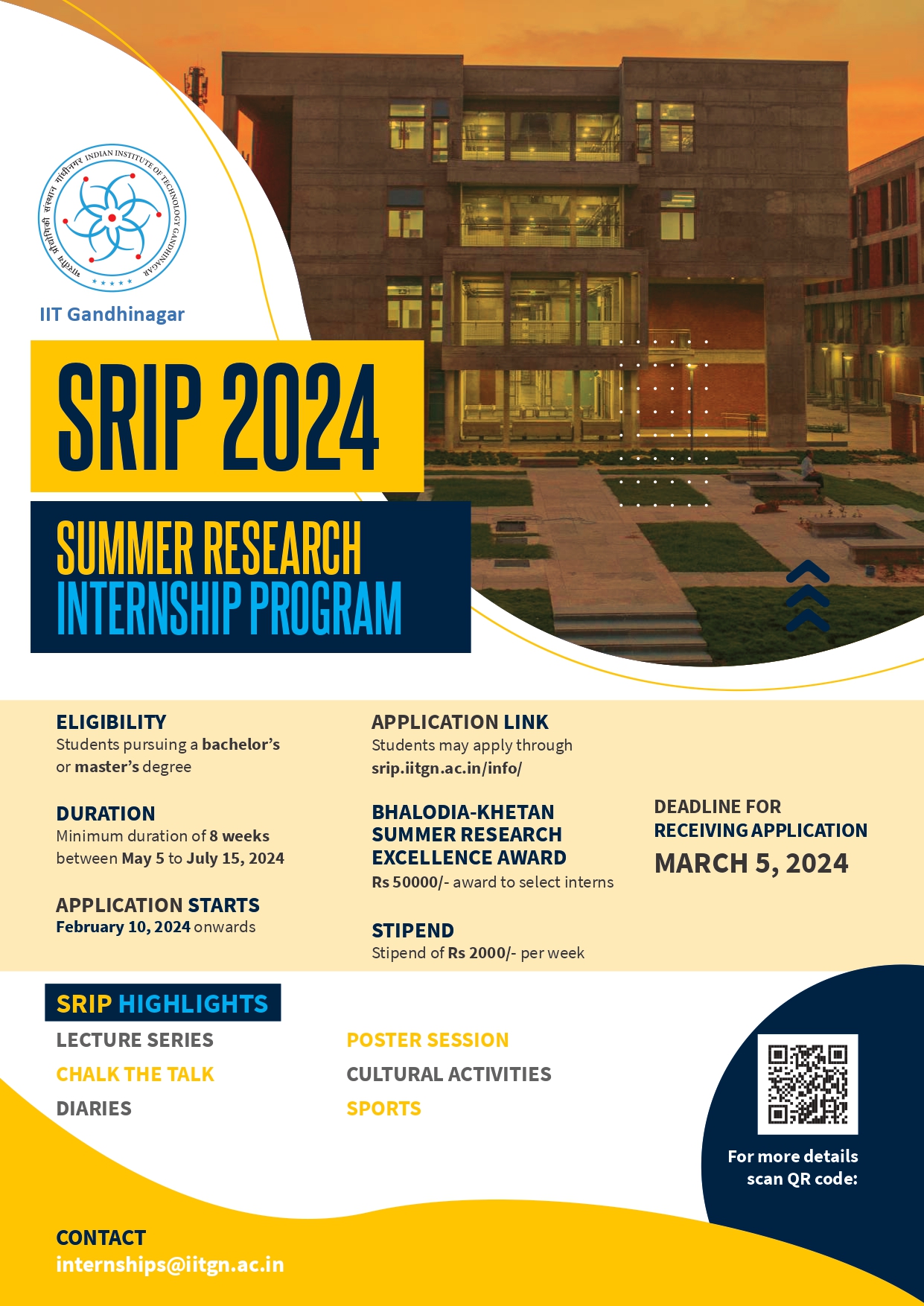 SUMMER RESEARCH INTERNSHIP PROGRAM (SRIP) 2024 , IIT Gandhinagar